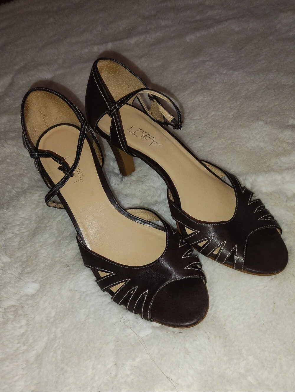 LOFT Dark Brown Leather Peep-Toe Ankle Strap Heels